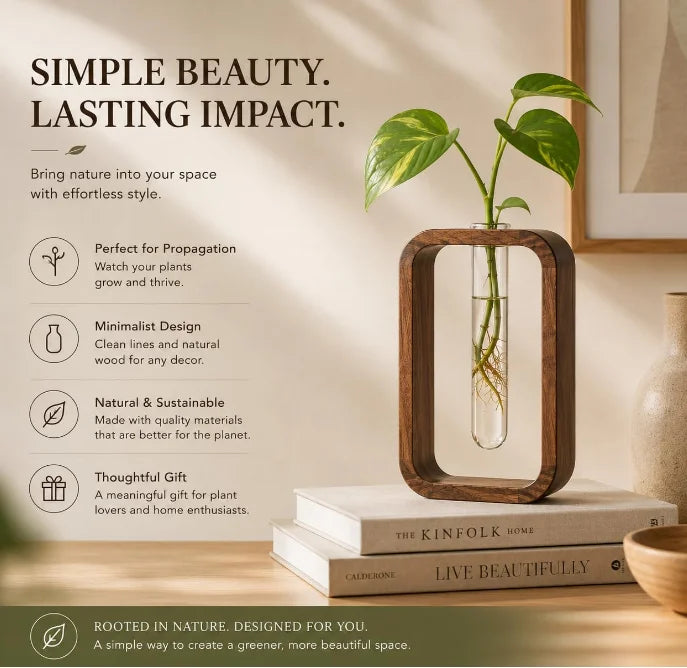 Minimalist Modern Indoor Wooden Frame Glass Vase Hydroponic Planter Wooden Propagation