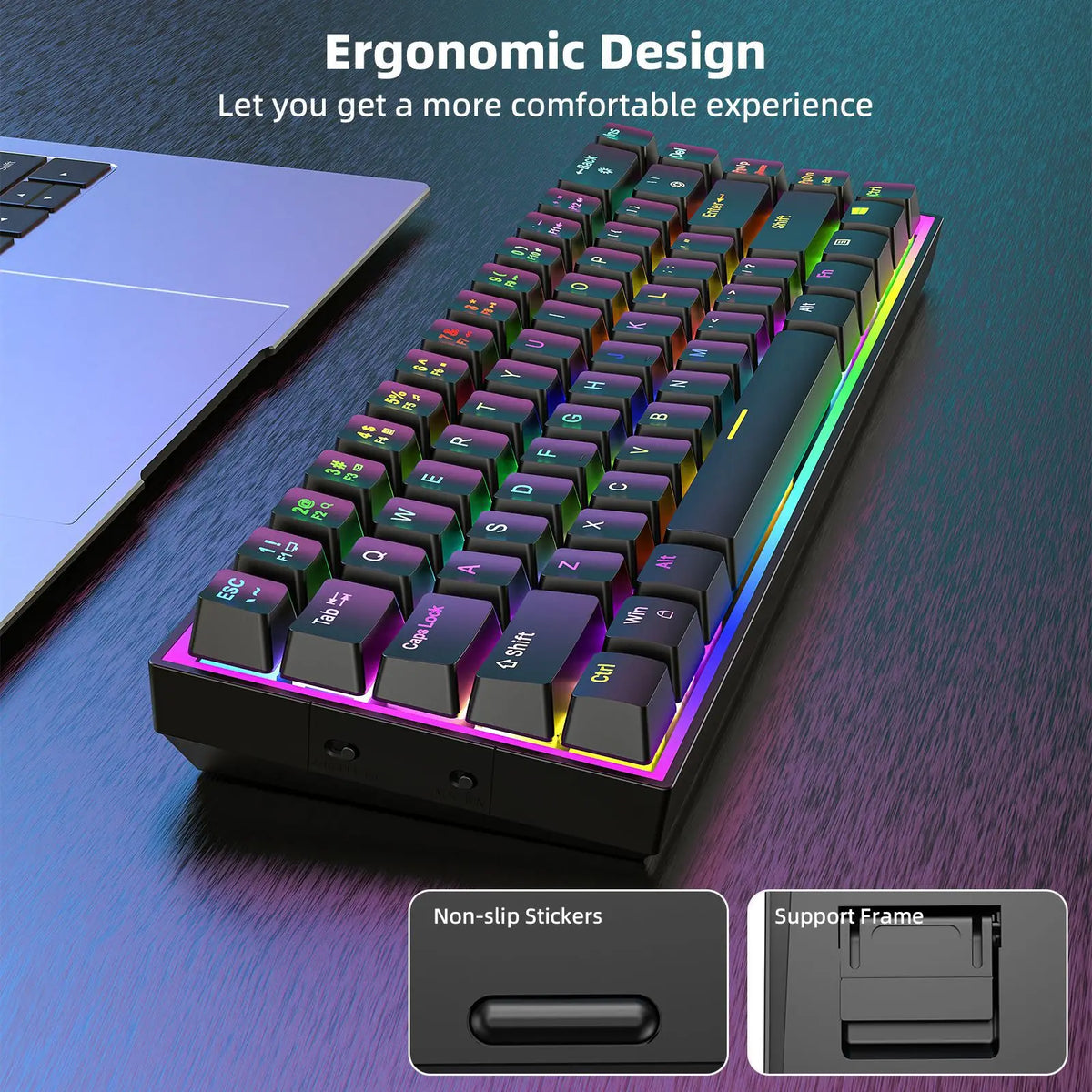 Tri-Mode 61 Keys Compact Wireless Mechanical Keyboard RGB Backlit USB 3.0 Rechargeable