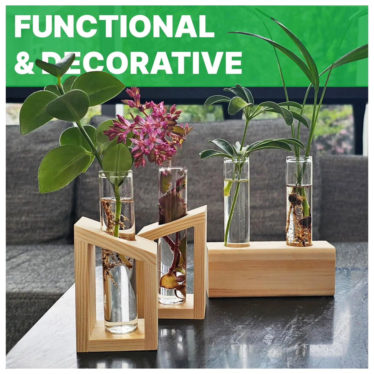 Plant Propagation Station 3-Piece Wooden Stand with 4 Glass Test Tubes Terrarium Vases