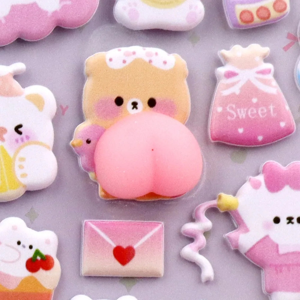 Cartoon Animal Decals Phone Decorative Cut Adhesive Soft Puffy Cute Pinching Fun (Pack of 3)
