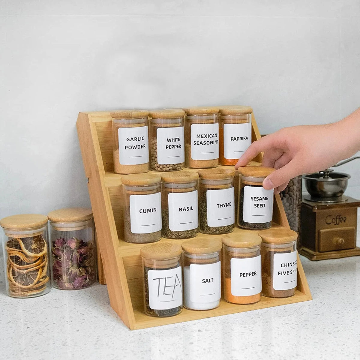Square Spice Bottle Set Glass Jar with Bamboo Lid for Kitchen Storage Spice Container