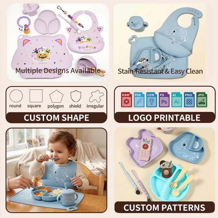 Silicone Baby Suction Plate and Bowl Divided Plate Toddler Feeding Set Cute Dino With Bib