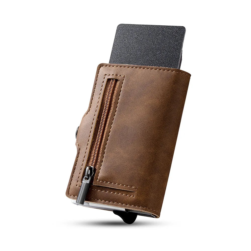Aluminum Pop Up Card Holder Men PU Leather Minimalist Wallet with Zipper Pocket Credit