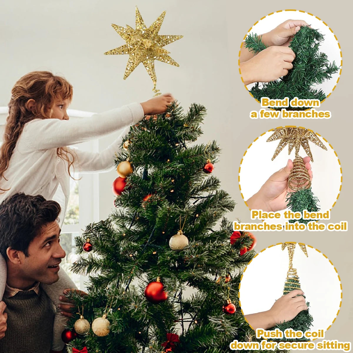 Silver LED Christmas Tree Topper Star Glitter Iron Tree Top Star Decoration