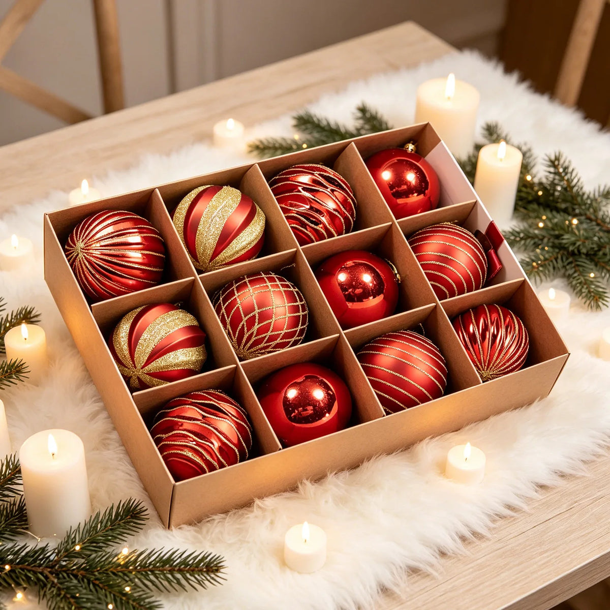 12-Piece Plastic Electroplated Luxury Christmas Ball Set 8cm/6cm Santa Red Gold Green