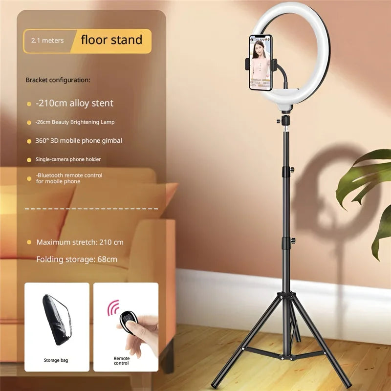 Portable Foldable Ring Light Stand with Phone Holder, Dimmable Live Stream Tripod