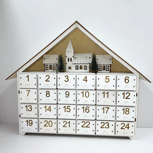 24 Day House Shaped Wooden Advent Calendar with 24 Drawer Box, Christmas Tree and LED