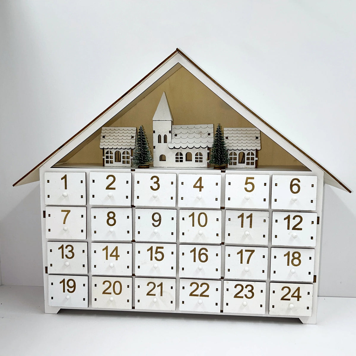 24 Day House Shaped Wooden Advent Calendar with 24 Drawer Box, Christmas Tree and LED