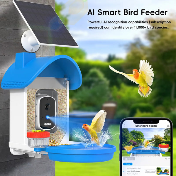 AI Bird Feeder Camera 2.5K Resolution IP65 Waterproof LCD Display Solar Powered Outdoor