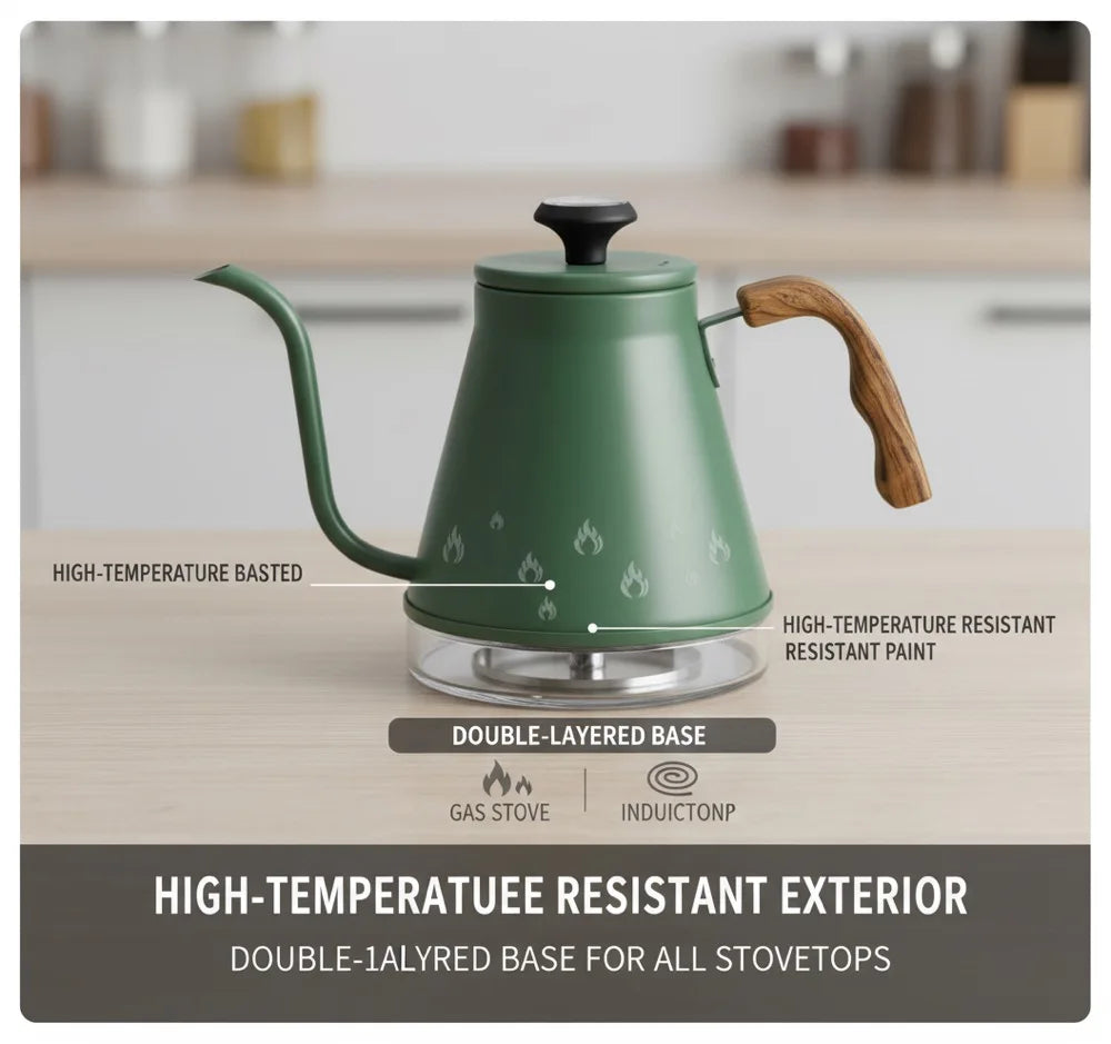 Green 1.2L 304 Stainless Steel Gooseneck Kettle Pour Over with Lid Multi Layer Bottom