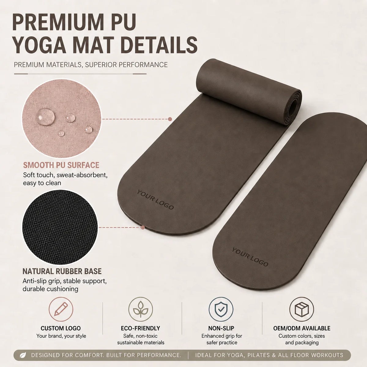 Oval 183*68cm PU Gym Fitness Pilates Eco-Friendly Non-Slip Soft Yoga Mat