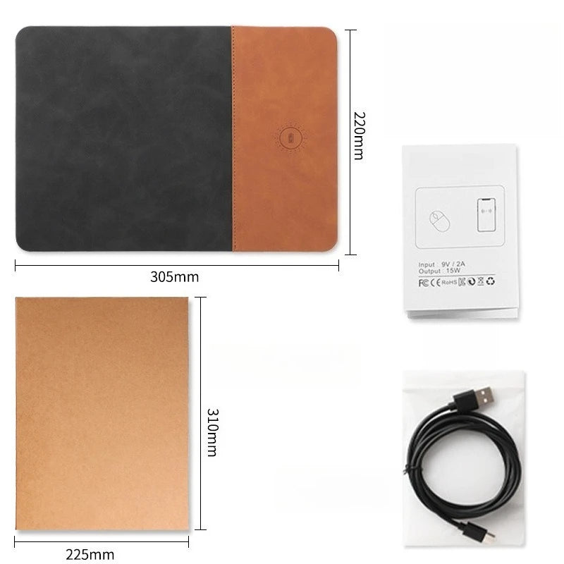 15W Fast Wireless Charging Mouse Pad, Small PU Leather Non-Slip Desk Mat with for Office