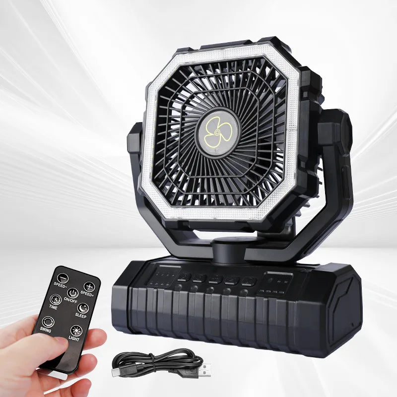 LED High-Airflow Camping Fan Remote Control Night Light USB Rechargeable Built-in Battery