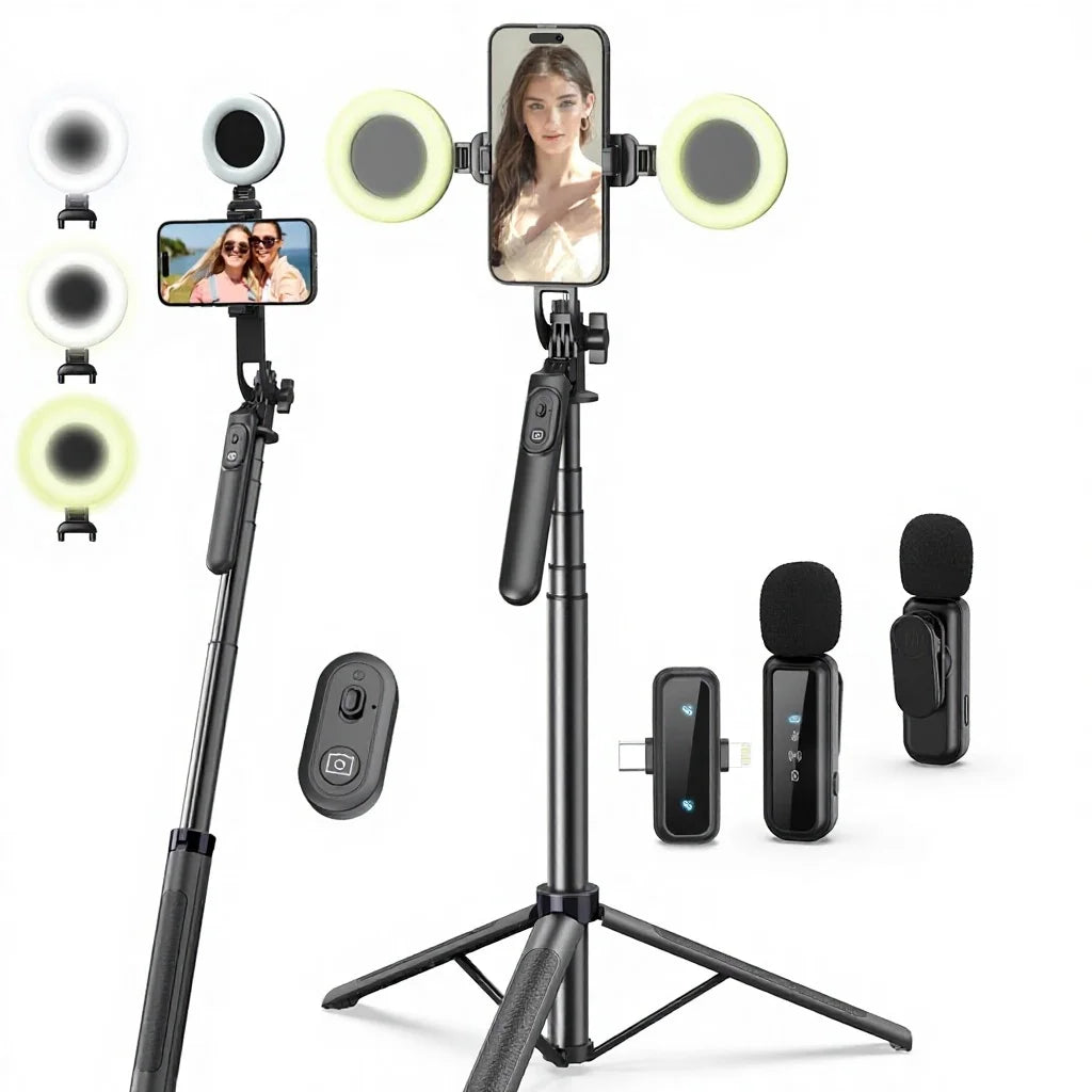 Aluminum Alloy Selfie Stick Tripod Fill Light Wireless Microphone Remote 360 Rotation