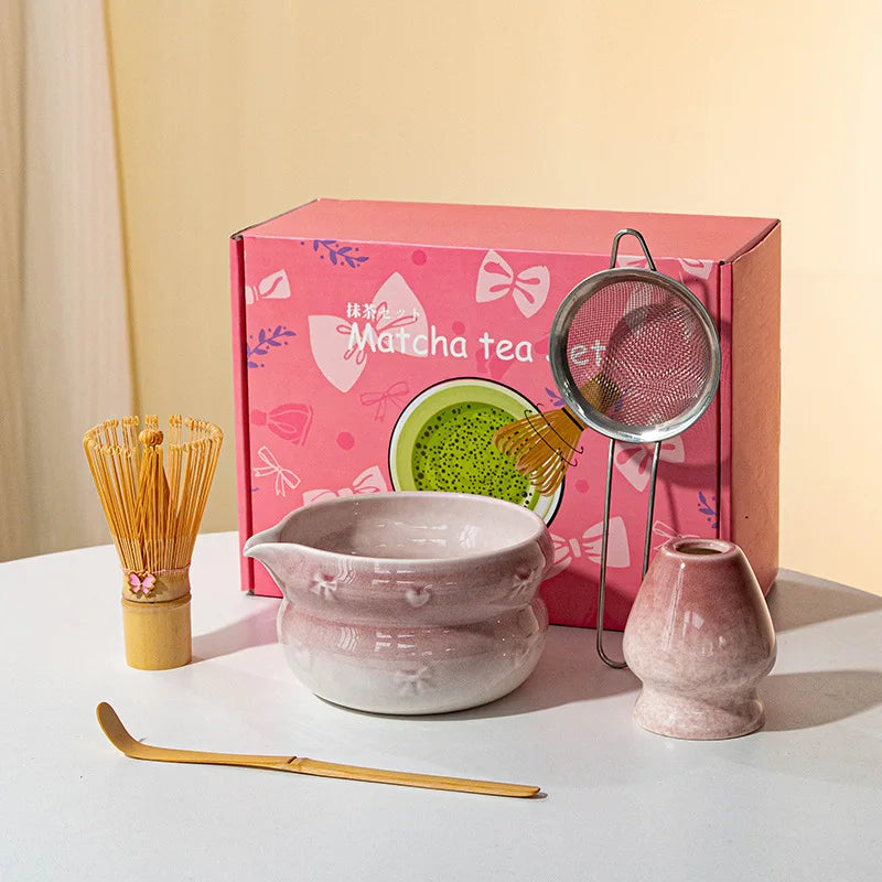 Chinese New Eco-Friendly Pink Whisk Mixing Kits Matcha Gift Set 5pcs Set Matcha Tea Set