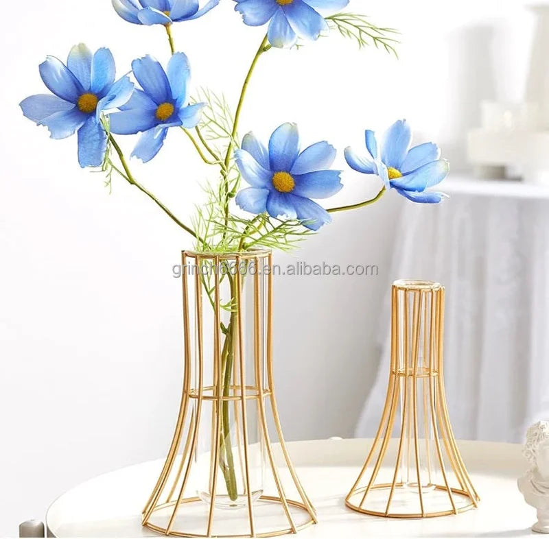 Glass Metal Gold Hydroponic Flower Glass Vase Plant Propagation Station With Tray