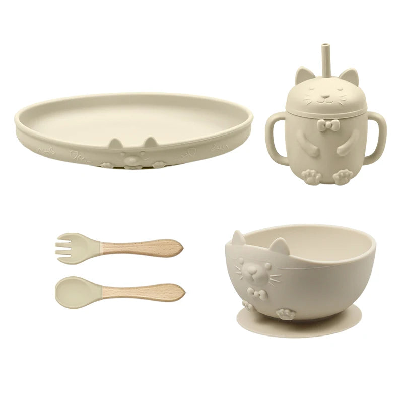 Food Grade Silicone Baby Feeding Set With Cup Bowl Plate Bib Spoon and Fork Easy Clean