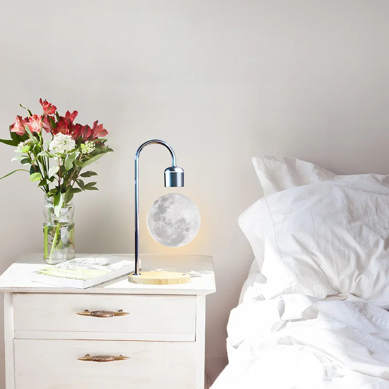 Table Lamp Magnetic Levitating 3D Moon Lamp with Wireless Charger Faux Wood Base for Kids