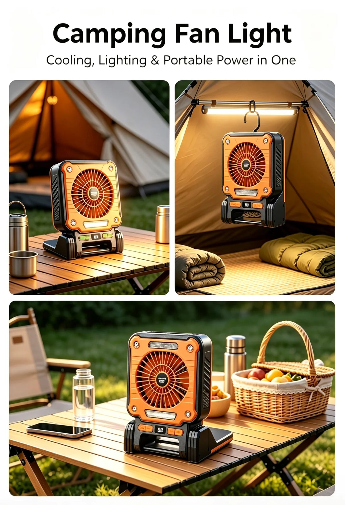 LED Camping Light Fan, Solar USB Portable Strong Wind, Digital Power Display Foldable