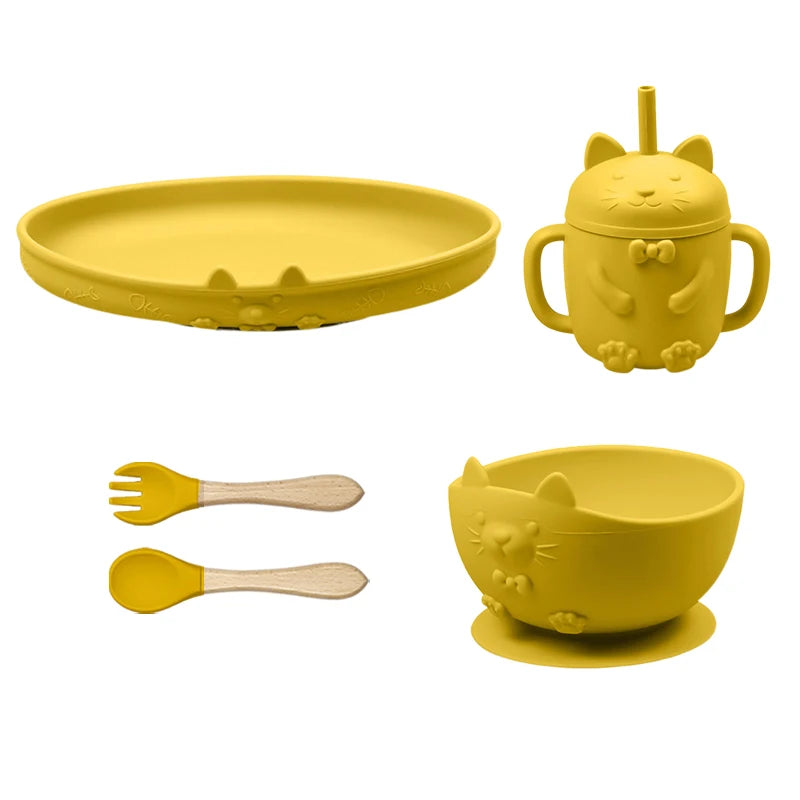 Food Grade Silicone Baby Feeding Set With Cup Bowl Plate Bib Spoon and Fork Easy Clean