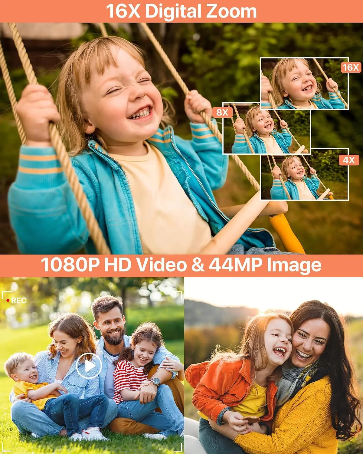 Digital Camera HD 1080P for Teens Anti Shake Point Shoot Cameras Portable 16X Zoom