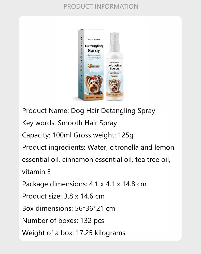 100ml Pet Hair Care Spray Long-Lasting Fluffy Nourishing No Static Combing Smooth Hair
