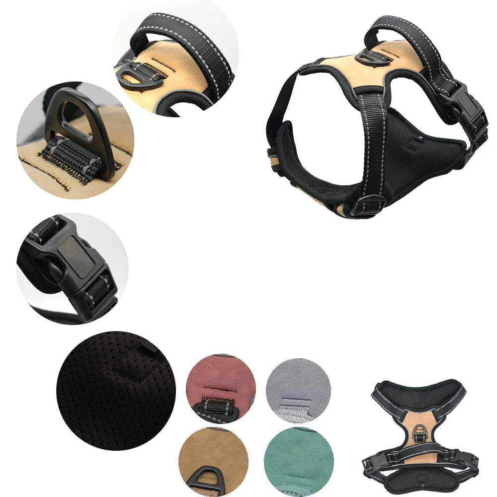 No-Pull Solid Rivet Fashion Dog Harness Leather Nylon Padded Comfort Breathable