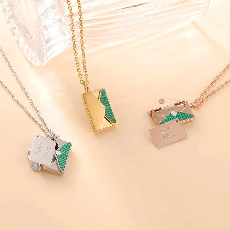 Customized Stainless Steel Envelop Necklace Green Stripe Love Letter Necklace