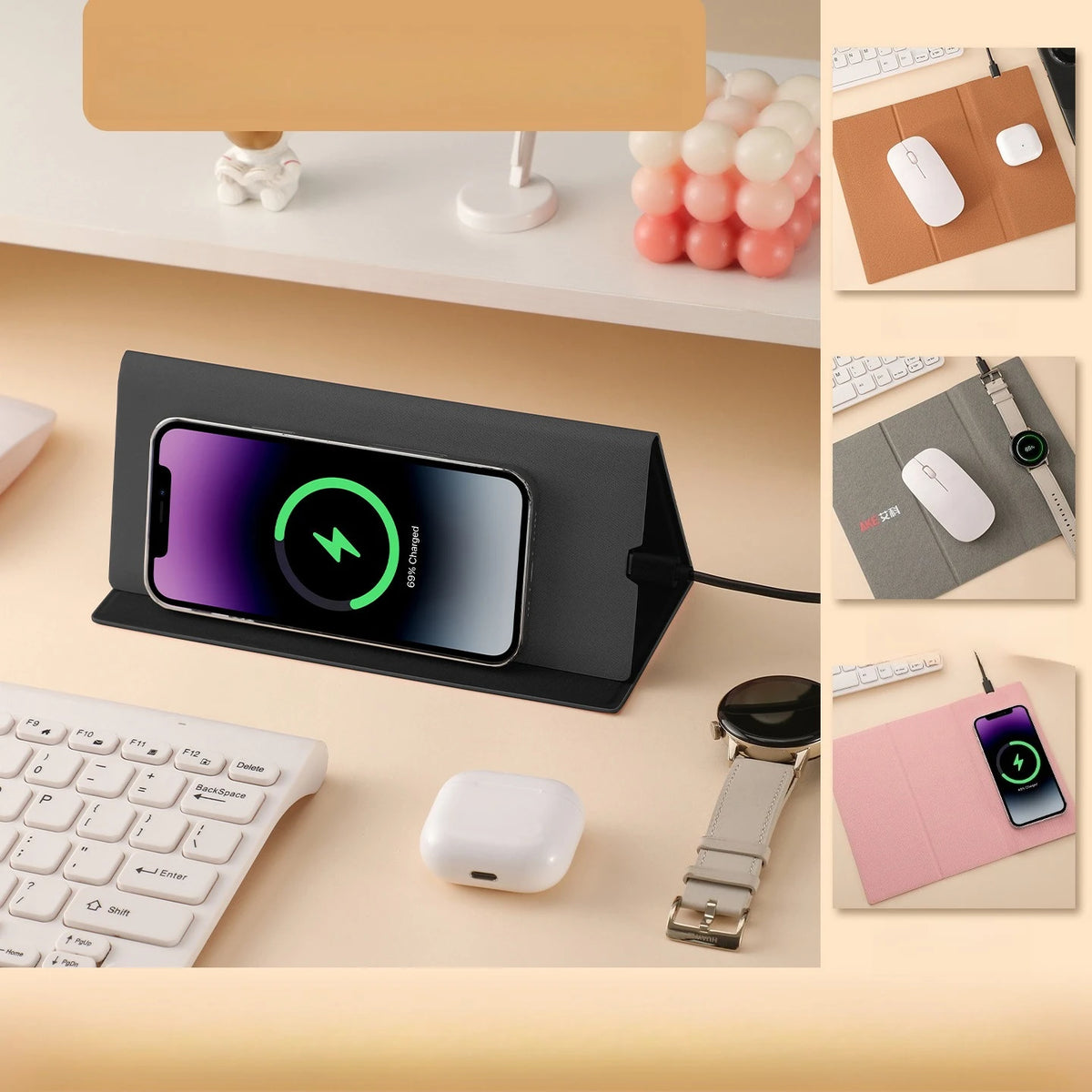 15W Fast Wireless Charging Mouse Pad, Small PU Leather Non-Slip Desk Mat with for Office