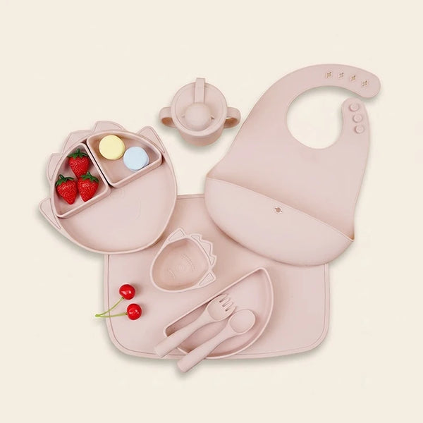 Silicone Baby Suction Plate and Bowl Divided Plate Toddler Feeding Set Cute Dino With Bib