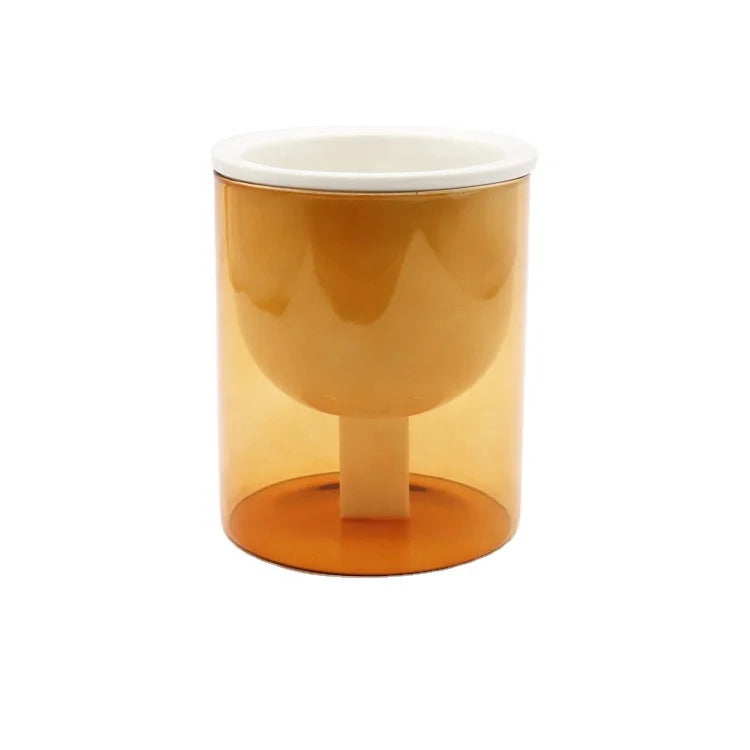 Indoor SELF-WATERING Orange GLASS and White CERAMIC Flower Pot Hydroponic Planter