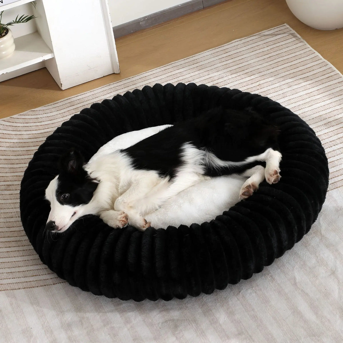 Plush Ribbed Round Solid Pattern Dog Bed Calming Donut Pet Cushion in Box/Carton