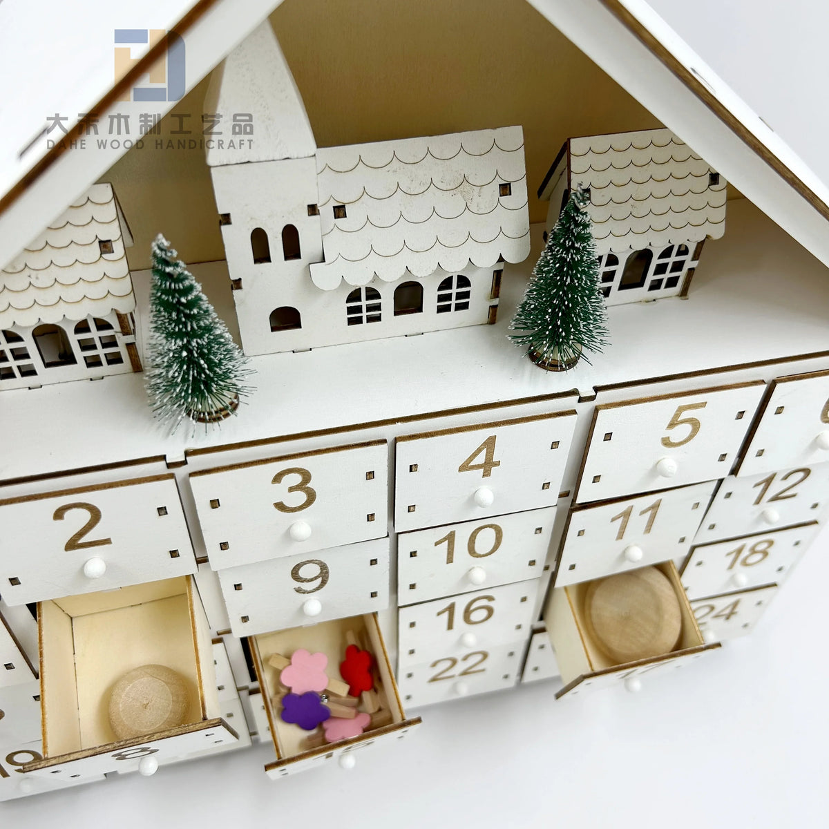 24 Day House Shaped Wooden Advent Calendar with 24 Drawer Box, Christmas Tree and LED