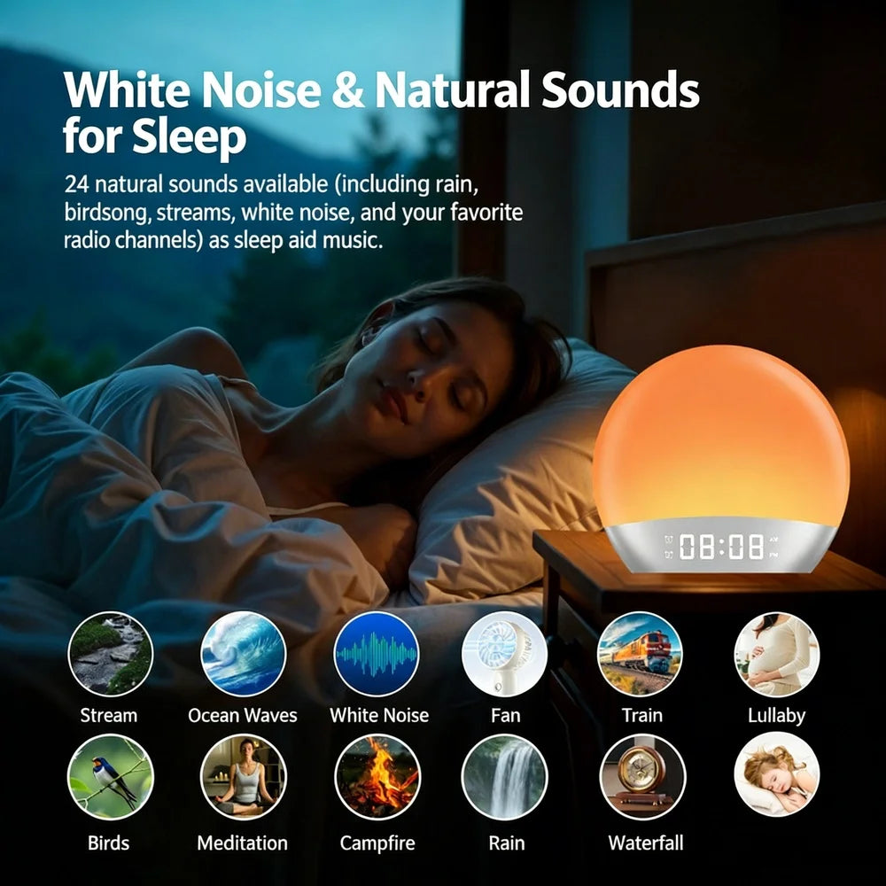 Sunrise Wake Up Light Alarm Clock FM Radio White Noise Sleep Sounds 7-Color Night Lamp