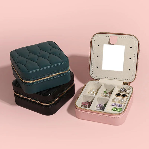 Women'S PU Leather Small Travel Jewelry Box Square Ring Organizer with Mirror