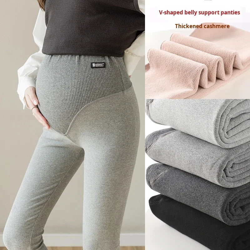 Autumn Winter Maternity Pants Fleece-Lined Breathable Thickened Outerwear Leggings Ribbed