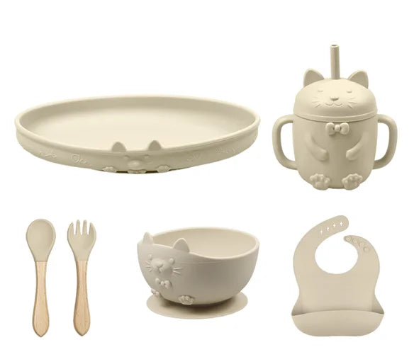 Food Grade Silicone Baby Feeding Set With Cup Bowl Plate Bib Spoon and Fork Easy Clean