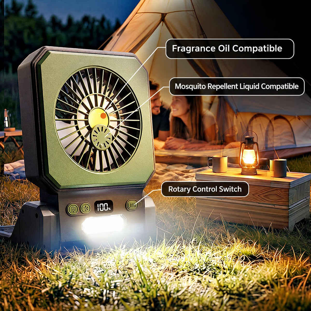 MoonlitGlow Custom Solar Rechargeable Camping Fan LED Light 3-Speed Control Dual-Core