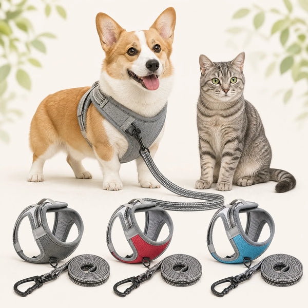Dog and Cat Harness Leash Set No Pull Y for Dogs and Cats Solid Color Mesh Padded