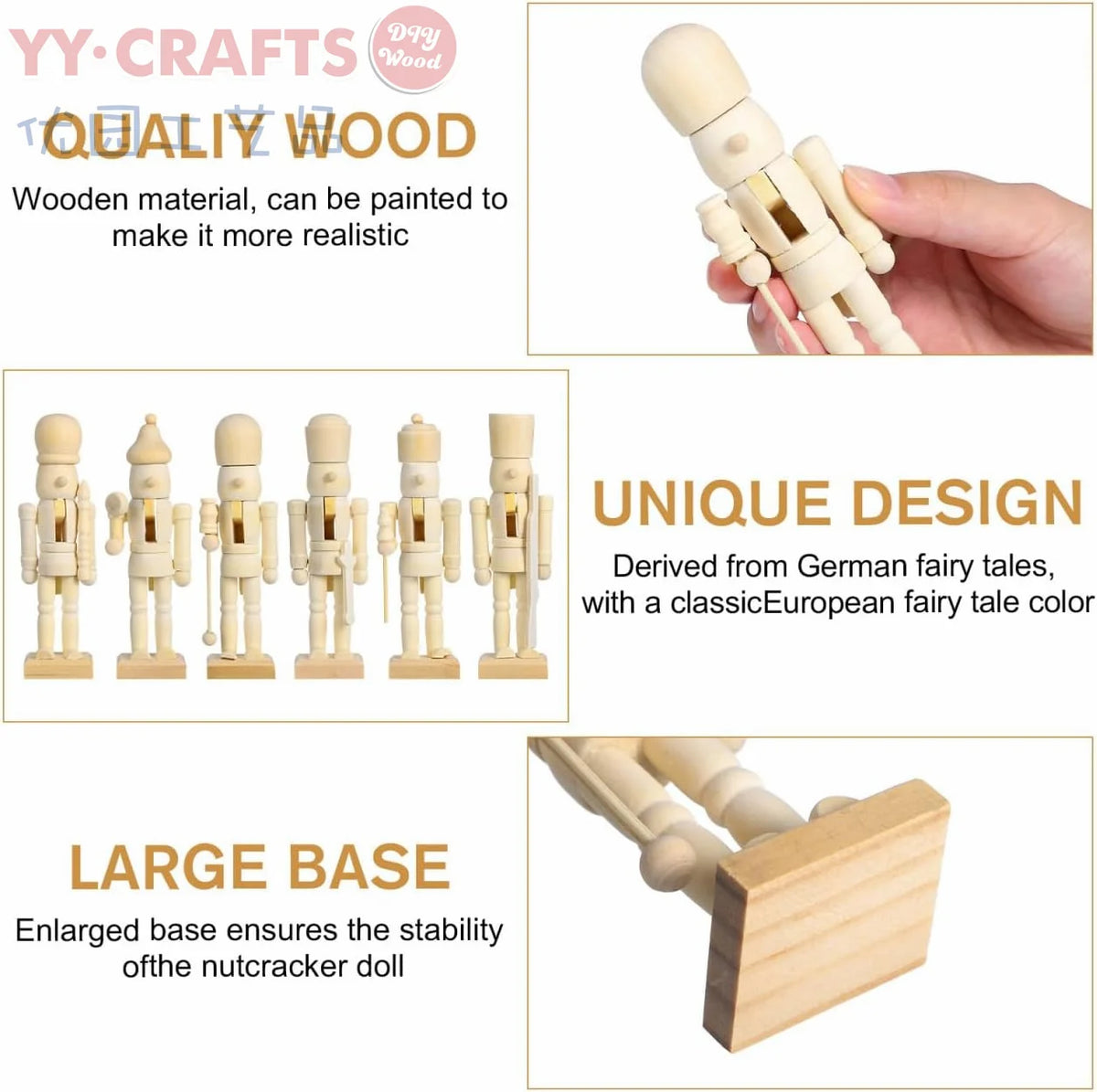 6Pcs Unfinished Wooden Nutcracker Unpainted Christmas Wood Nutcracker Soldier Figurine