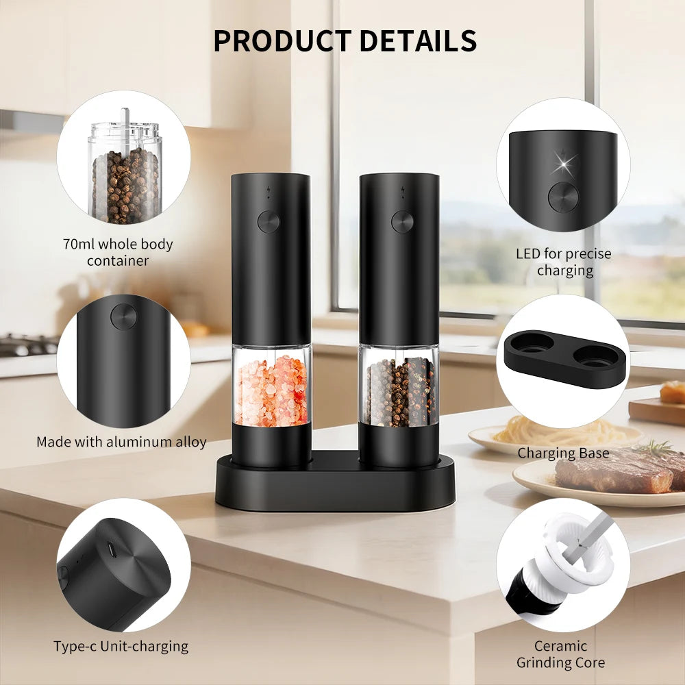 Electric Salt and Pepper Grinder Set Automatic USB Battery Pepper Mill Shakers Easy