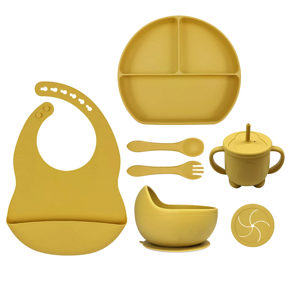 8pc Bebe Silicone Feeding Set Toddler Weaning Set Suction Bottom Infant Dining Tableware