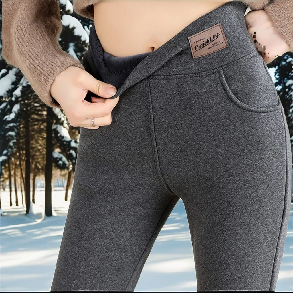 Casual Winter Warm Fleece Leggings Breathable Seamless Knitted Fabric Pockets Thick