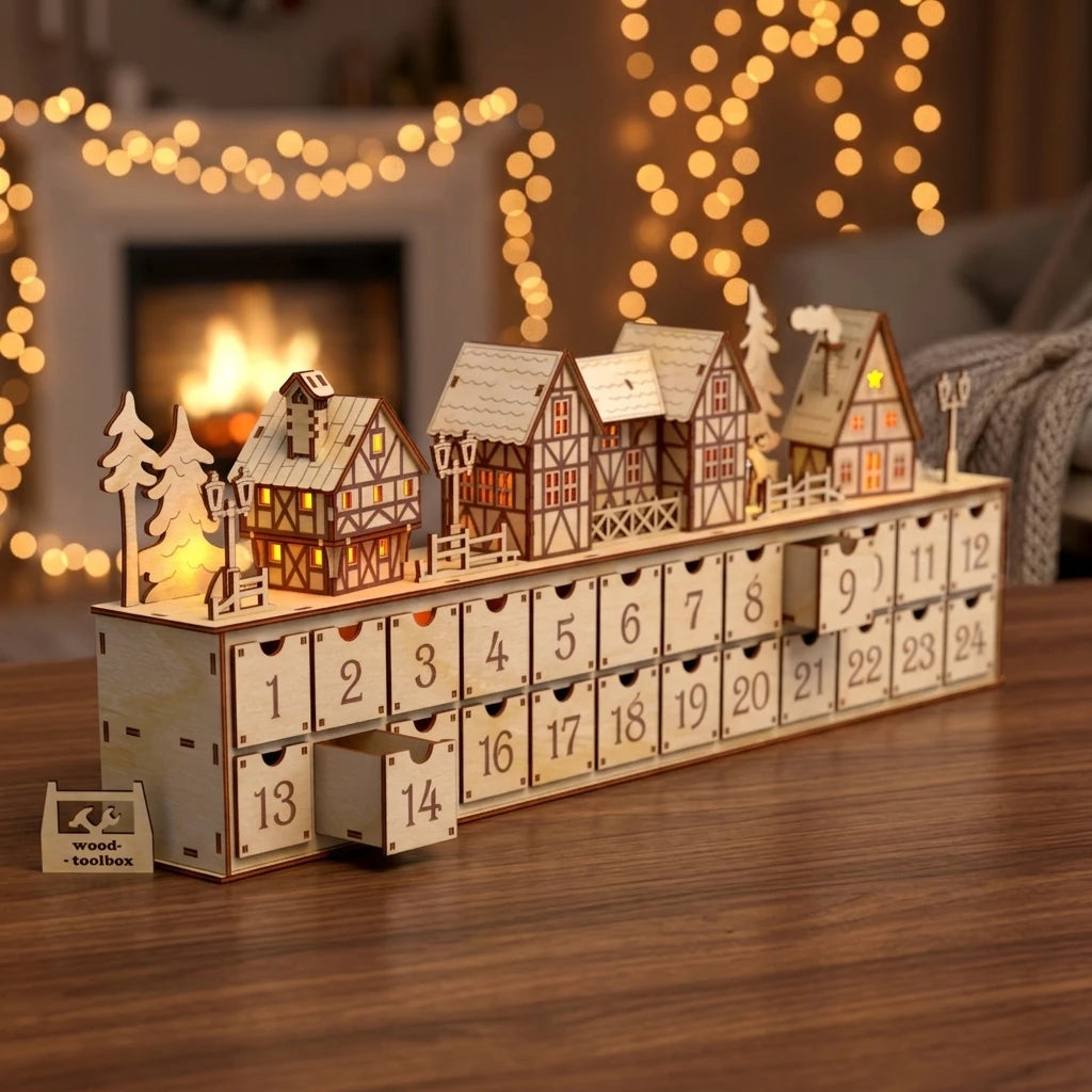 Christmas Wooden Advent Calendar - 24 Drawers Storage Box - Wooden Craft Holiday