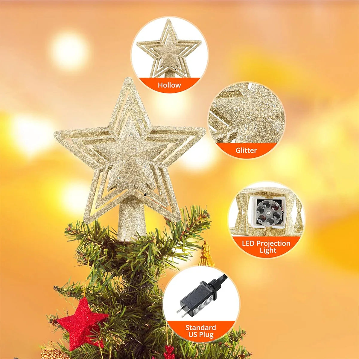 Christmas Tree Topper Star Light Projector Glitter Golden Star Tree Topper with Snowflake