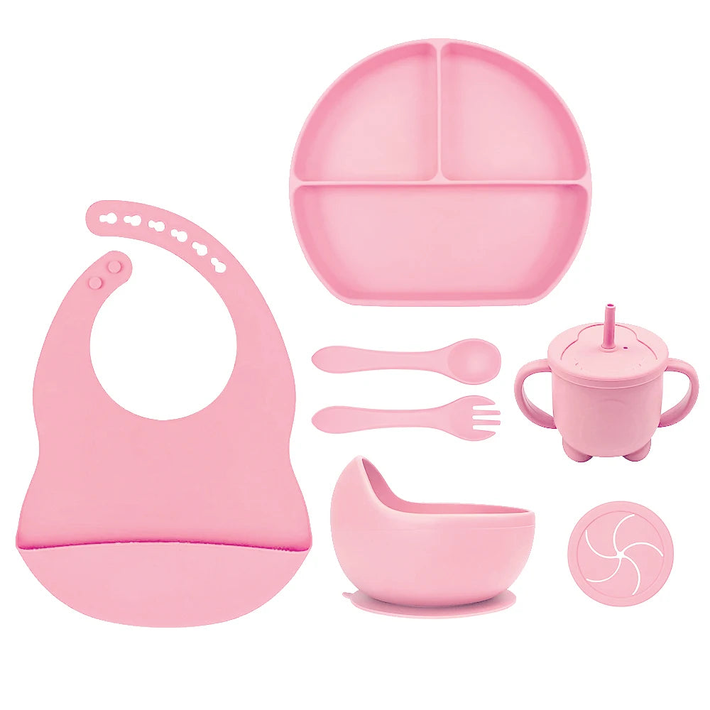 8pc Bebe Silicone Feeding Set Toddler Weaning Set Suction Bottom Infant Dining Tableware