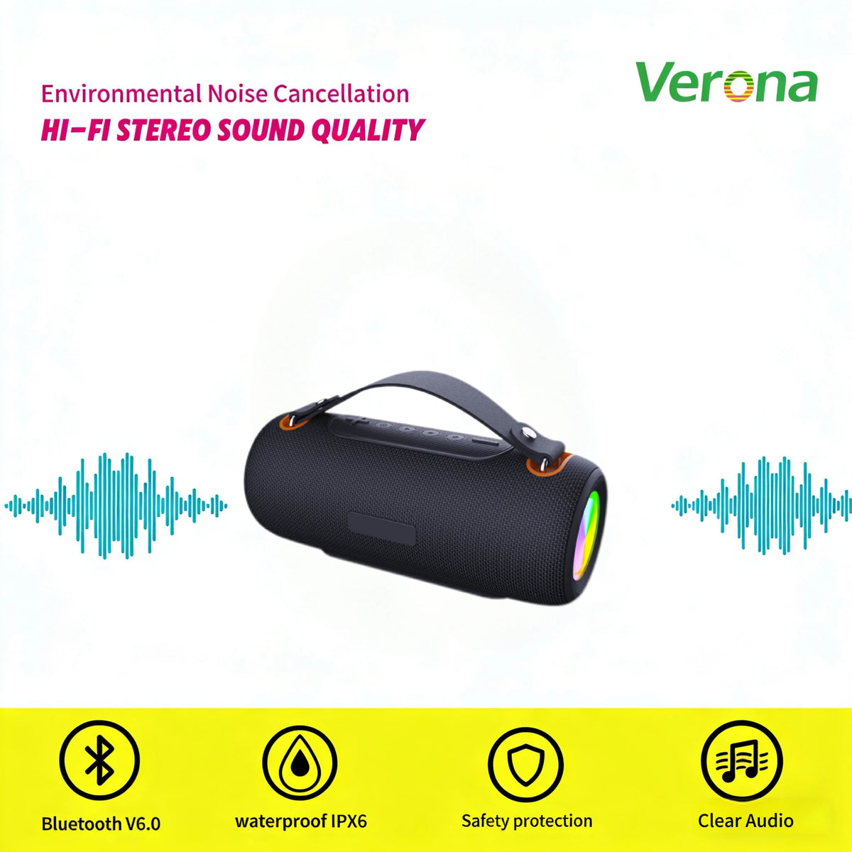 Portable IPX6 Waterproof Speaker with RGB LED Light Wireless Stereo Bass Speaker
