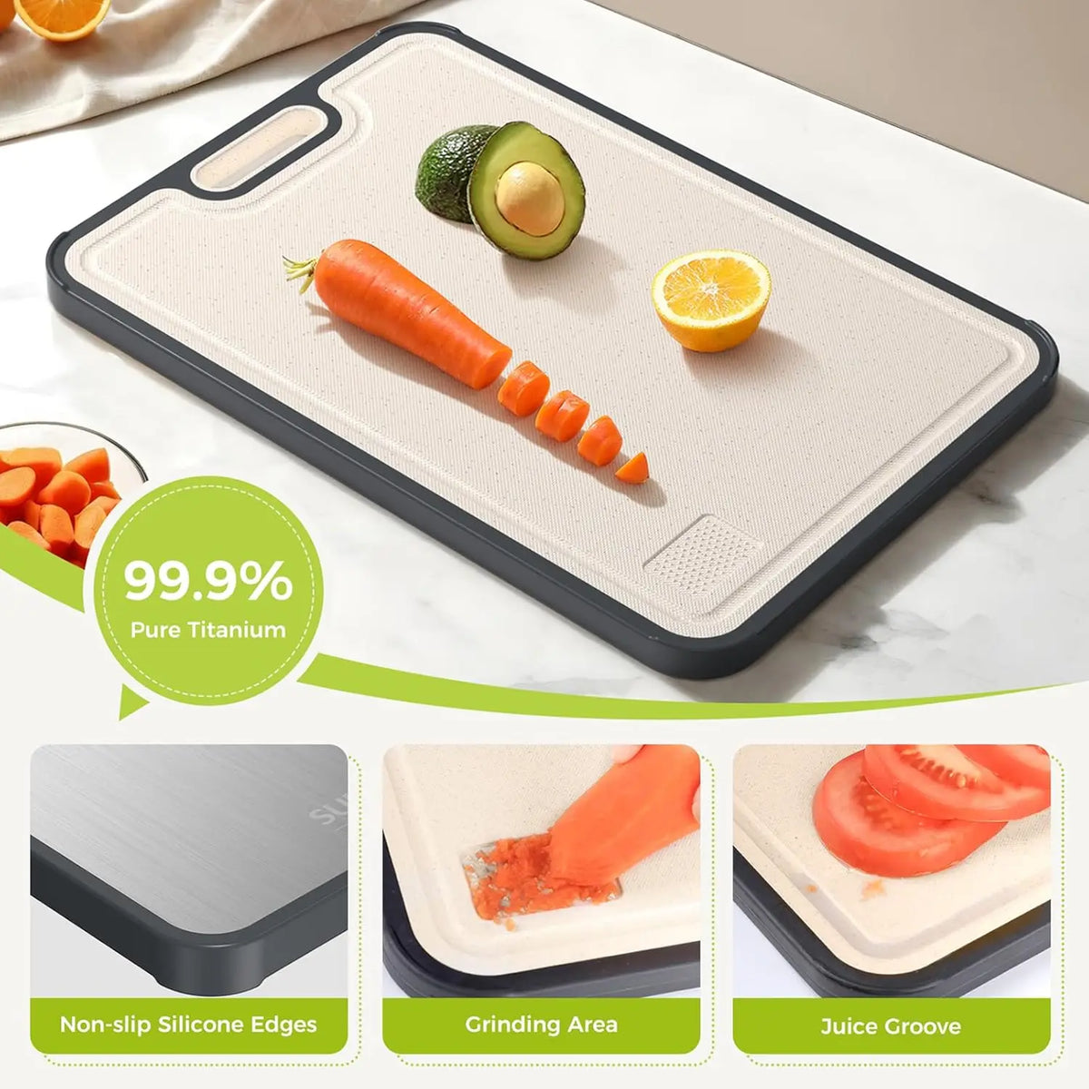 Double Sided Food Grade Pure Titanium Cutting Board with Antimicrobial and Built-in