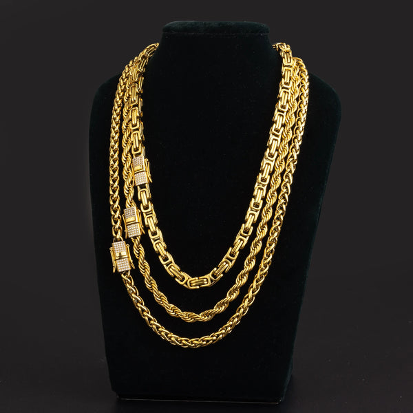 18K Gold Plated Stainless Steel Rope Chain Necklace 6 7 8MM Zircon Buckle Waterproof Mens