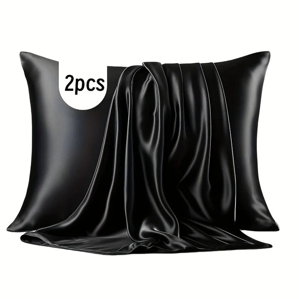 Premium 2Pcs Satin Pillowcase Set, 100% Silk-Like Anti-Frizz Pillow Covers, Luxury Black